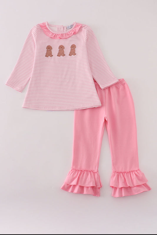 Pink Stripe Puppy Embroidery Ruffle Girl’s Pants Set
