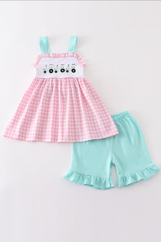 Pink Tractor Embroidery Plaid Girl’s Set