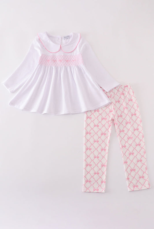 Pink Bow Smocked Girl’s Pants Set