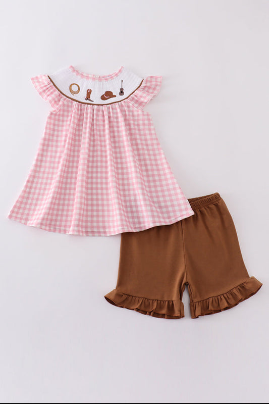 Pink Western Embroidery Smocked Girl Set