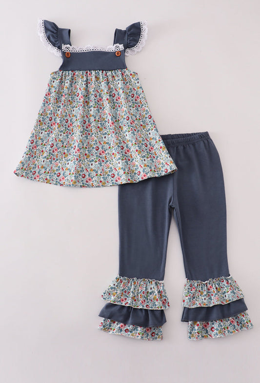 Blue Meadow Charm Lace Girl’s Ruffle Pant Set