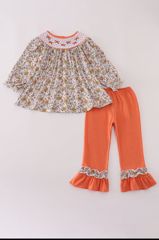 Floral Embroidery Smocked Ruffle Girl’s Pants Set