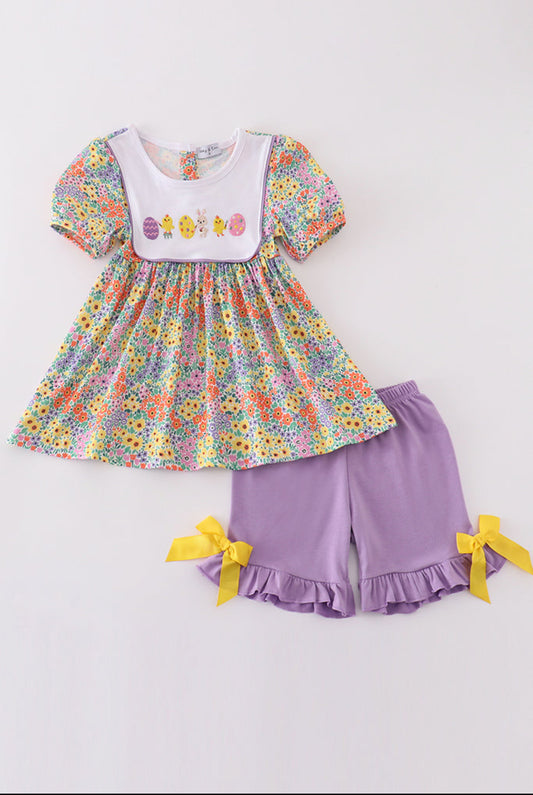 Easter Floral Bunny Egg Embroidery Girl’s Short Set