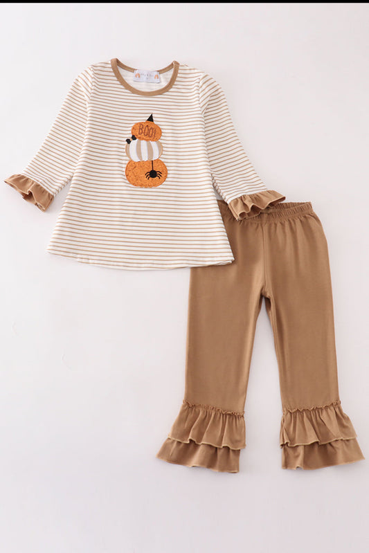 Khaki Stripe Pumpkin Glitter Girl’s Pants Set