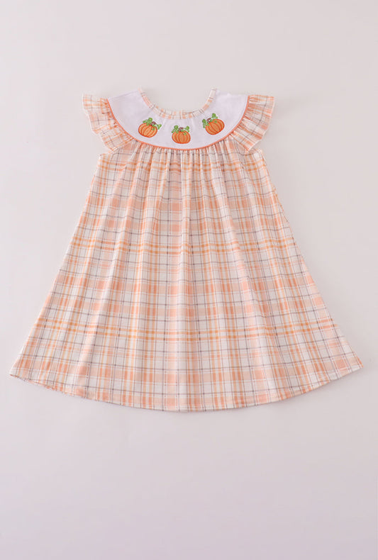 Orange Pumpkin Embroidery Plaid Dress