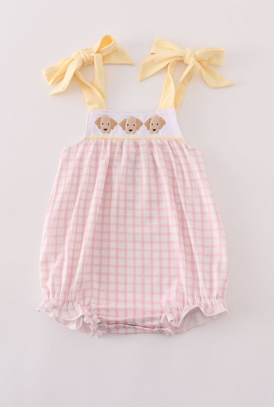 Pink Puppy Embroidery Gingham Girl’s Bubble