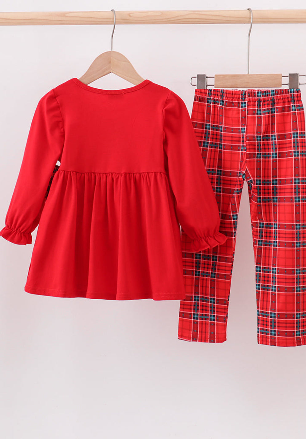 Red Tree Embroidery Plaid Bow Girl’s Pants Set