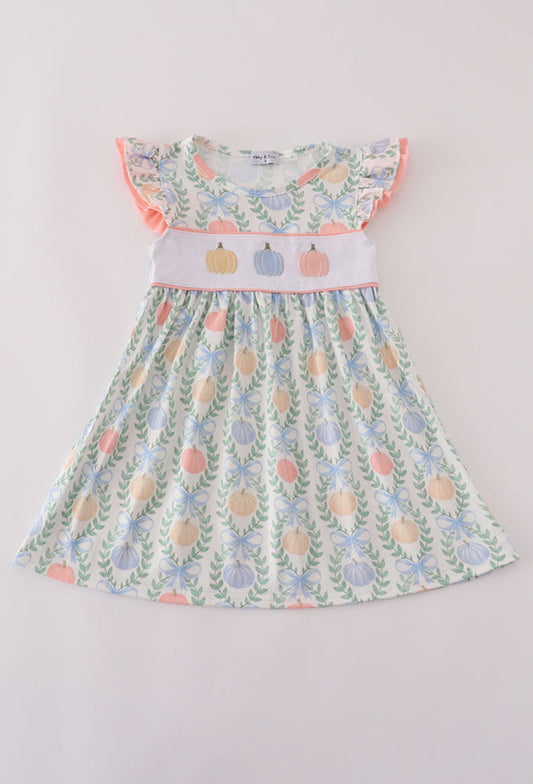 Green Bow Print Embroidery Ruffle Dress