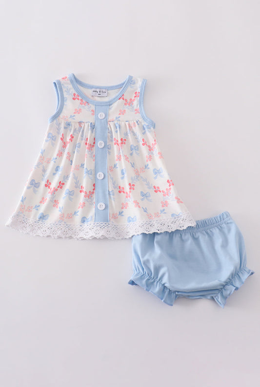 Blue Bow Lattice Print Girl’s Bloomer Set