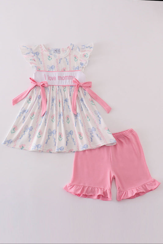 Pink Bow I Love Mommy Embroidery Girl’s Set