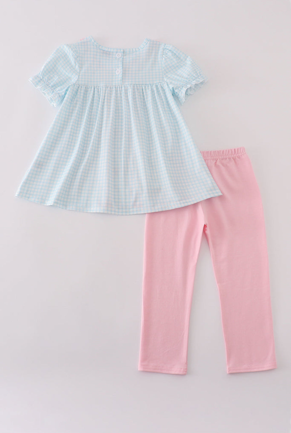 Blue Bow Embroidery Gingham Ruffle Girl’s Pants Set