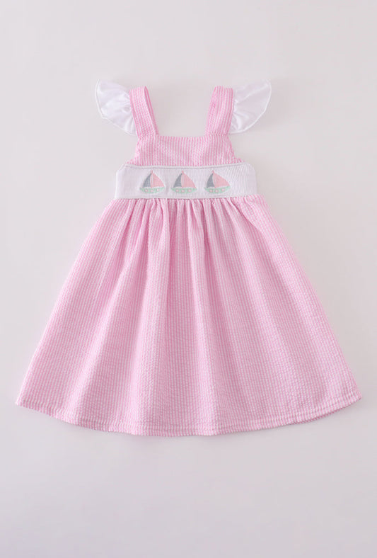 Pink Stripe Seersucker Sailboat Embroidery Smocked Girl’s Dress