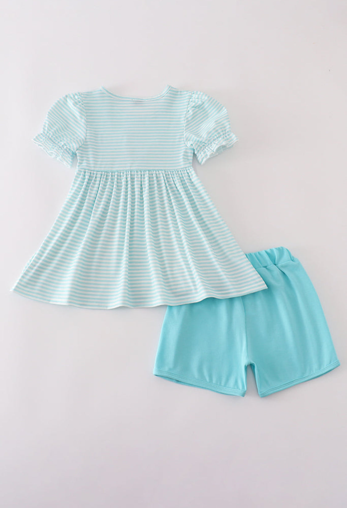 Blue Apple Pencil Bus Embroidery Smocked Girl’s Short Set