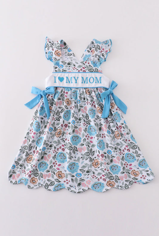 Premium Blue Floral I Love Mom Embroidery Dress