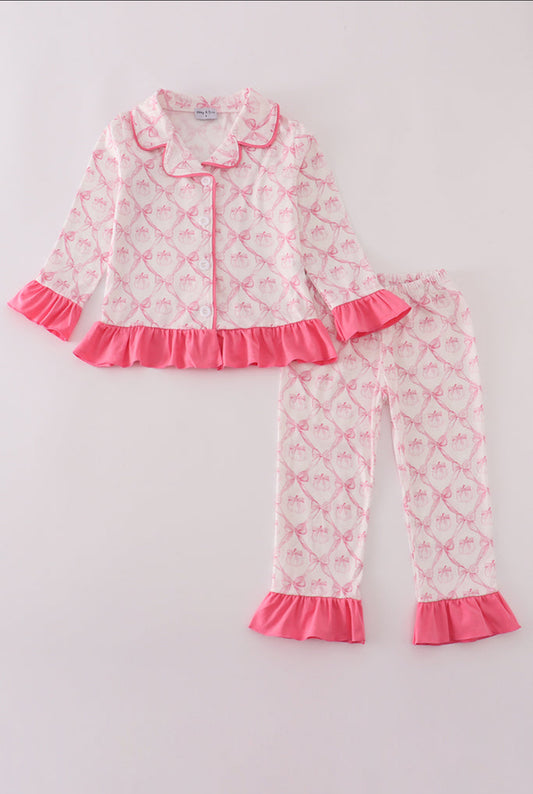 Pink Bow Tie Pumpkin Print Girl’s Ruffle Pajamas Set