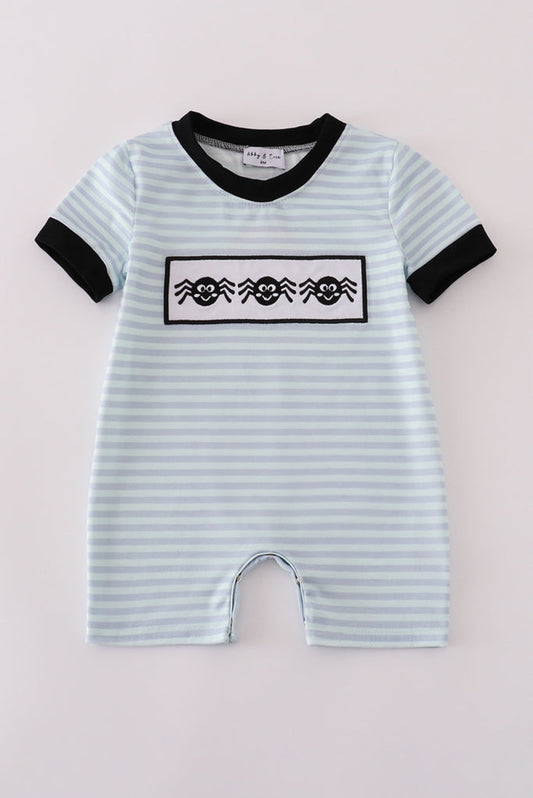 Blue Halloween Spider Embroidery Stripe Boy’s Romper