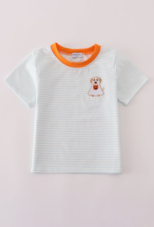 Blue Puppy Pumpkin Embroidery Stripe Boy’s Top
