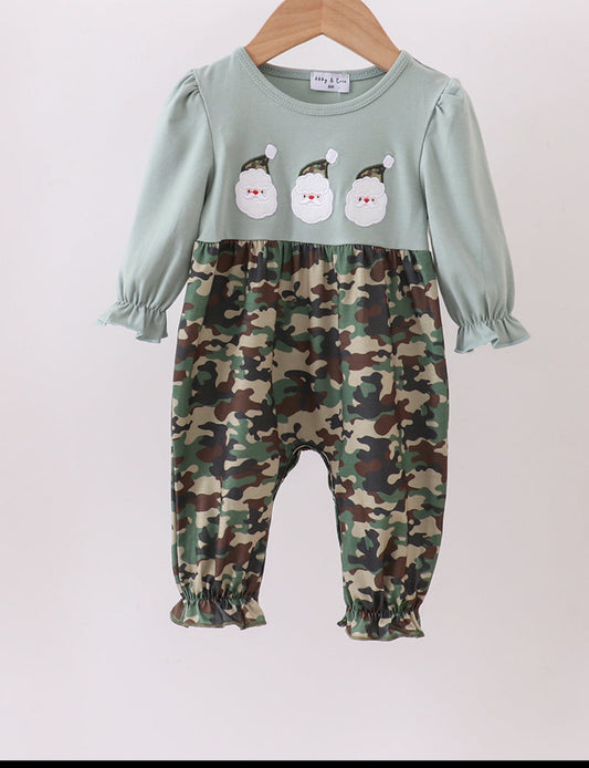 Camouflage Santa Claus Appliqué Ruffle Girl’s Romper
