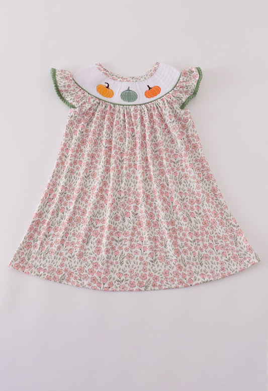 Pink Pumpkin Smocked Floral Ruffle Dress