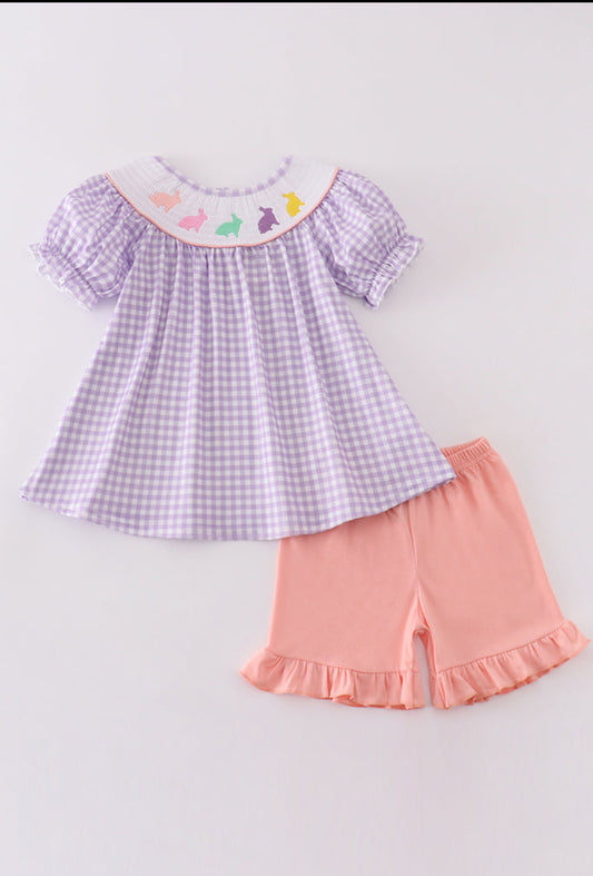 Purple Bunny Embroidery Smocked Girl’s Short Set