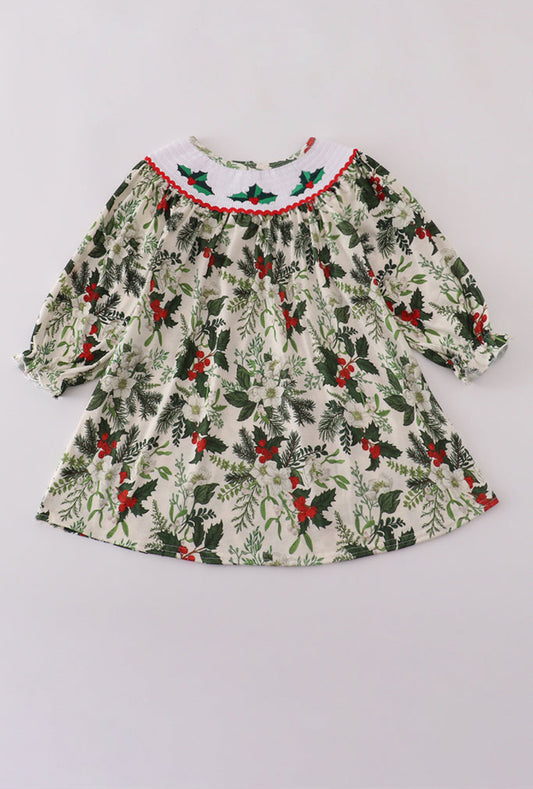 Green Holly Floral Smocked Dress