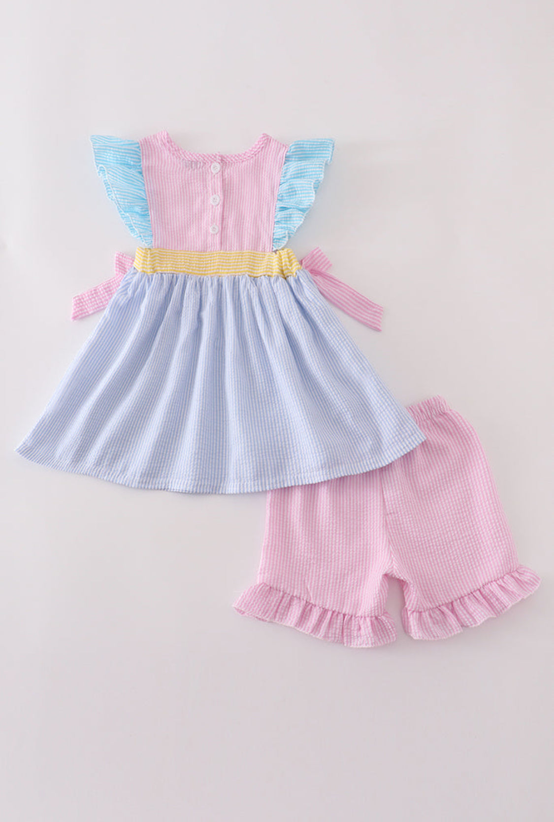 Multi Seersucker Stripe Ruffle Girl’s Shorts Set