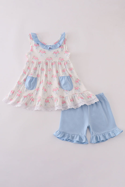 Blue Floral Bow Print Ruffle Girl’s Shorts Set