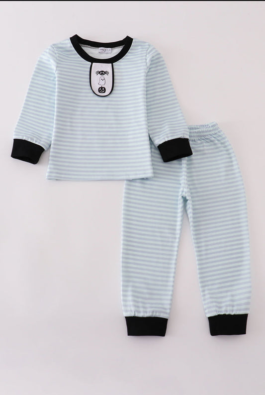 Blue Halloween Spider Embroidery Stripe Boy’s Pants Set