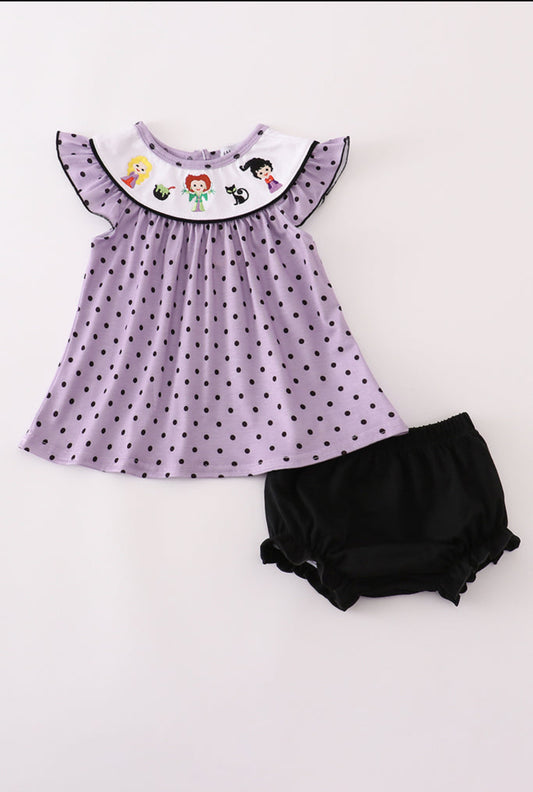 Purple Halloween Dot Witch Embroidery Bloomer Set