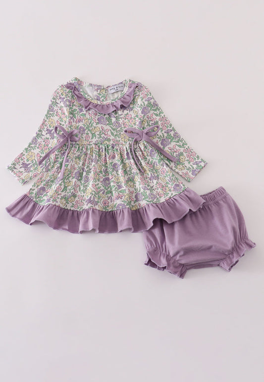 Purple Floral Print Ruffle Girl’s Bloomer Set