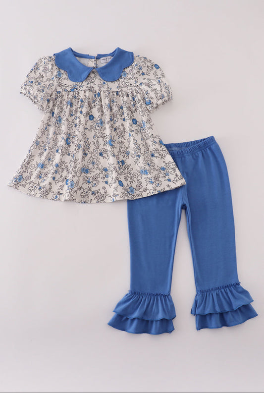 Blue Vintage Floral Print Girl’s Ruffle Pant Set
