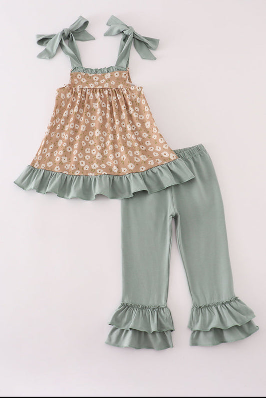 Mustard and Mint Floral Print Ruffle Girl’s Pants Set