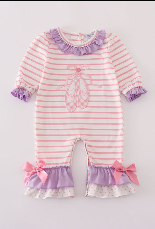 Purple Ballet Shoes Embroidery Ruffle Stripe Girl’s Romper