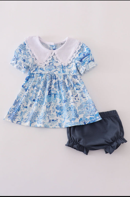 Blue Willow Toile Print Girl’s Bloomer Set