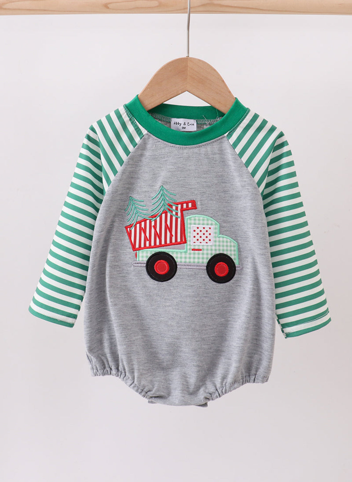 Green Tree Tractor Appliqué Stripe Boy’s Bubble