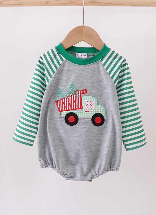 Green Tree Tractor Appliqué Stripe Boy’s Bubble
