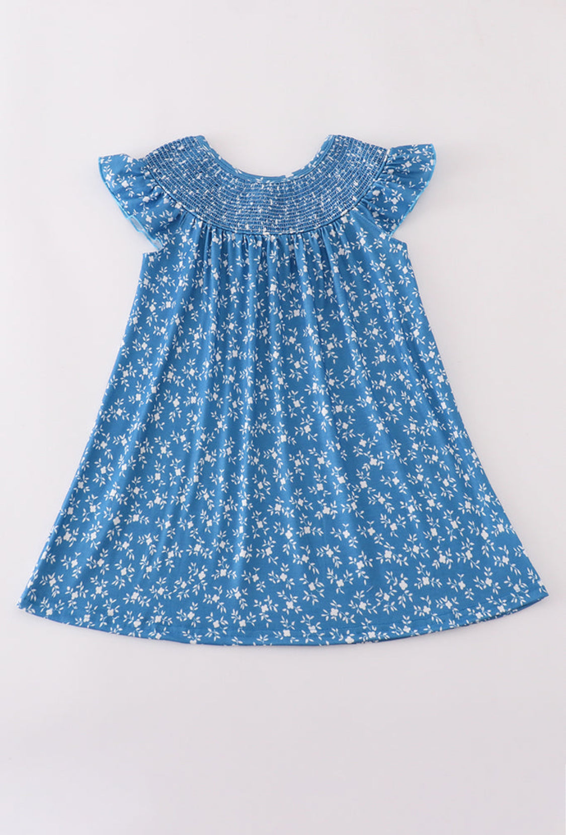 Blue Floral Print Smocked Dress