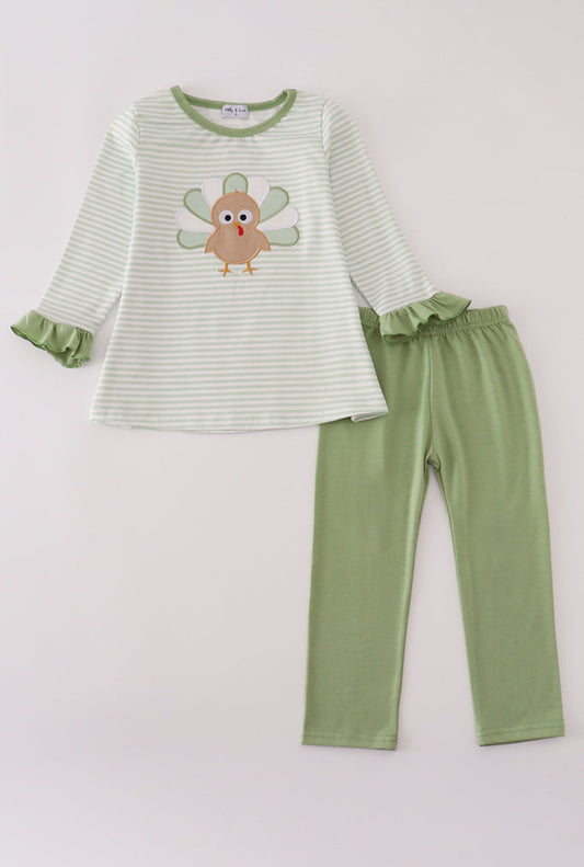 Sage Turkey Appliqué Stripe Girl’s Pants Set