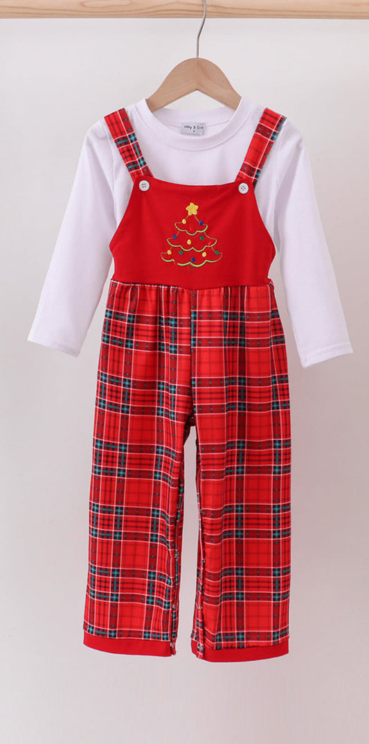 Red Tree Embroidery Plaid Boy’s Jumpsuit