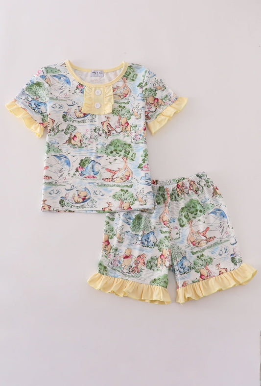 Yellow Character Print Girl’s Ruffle Short Set