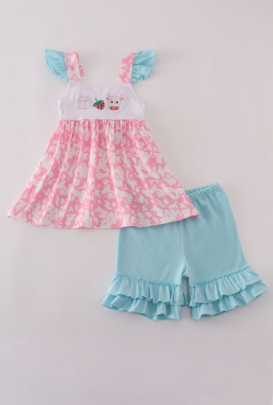 Pink Strawberry Milk Cow Embroidery Girl’s Ruffle Short Set