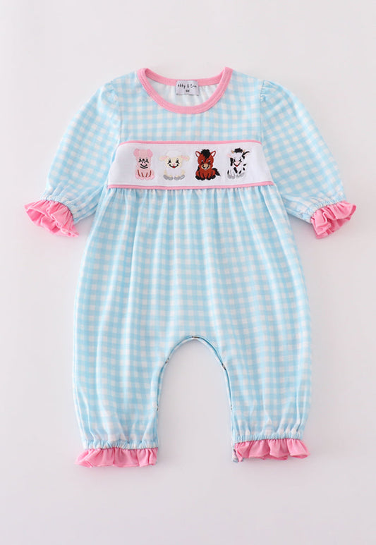 Blue Farm Embroidery Gingham Ruffle Girl’s Romper