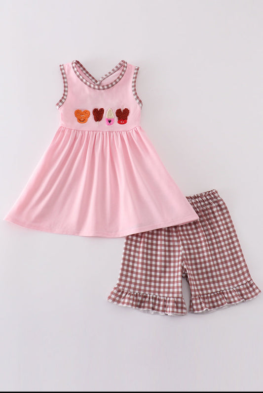 Girl’s Pink Character Ice CreamFrench Knot Shorts Set