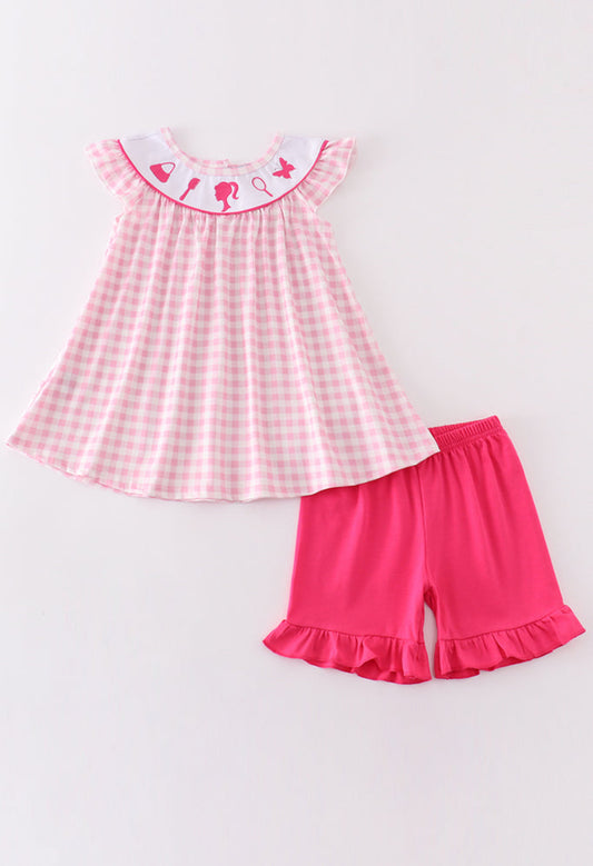 Girl’s Pink Barbie Embroidered Gingham Short Set