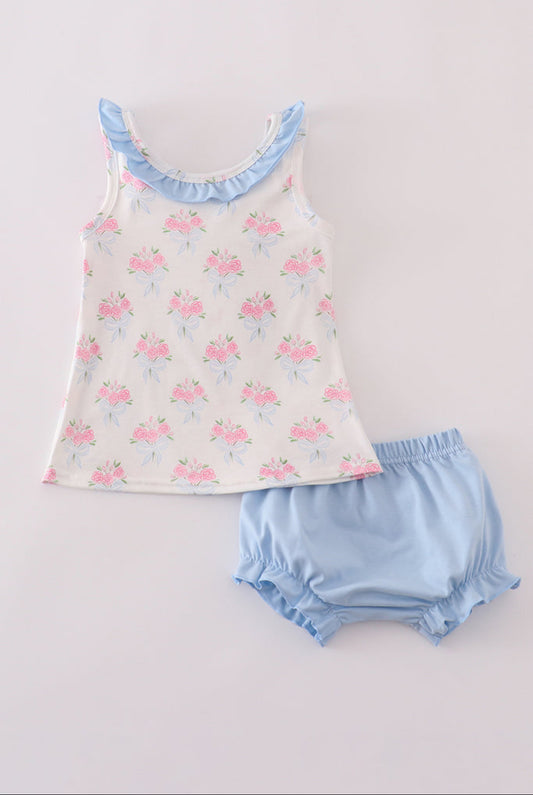 Blue Floral Bow Print Ruffle Girl’s Bloomer Set