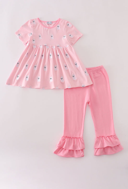 Pink Ghost Embroidery Ruffle Girl’s Pants Set