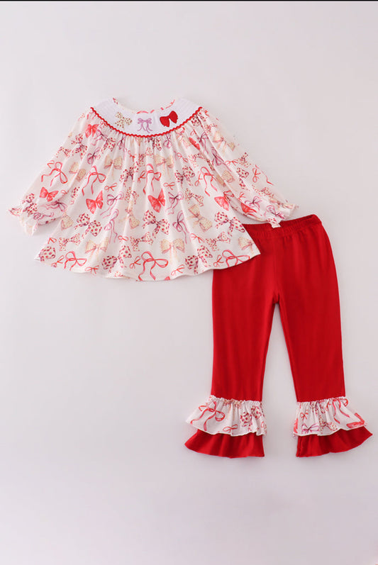 Red Bow Smocked Ruffle Girl’s Pants Set