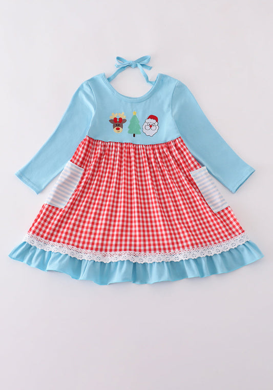 Blue Deer Tree Santa Embroidery Ruffle Dress