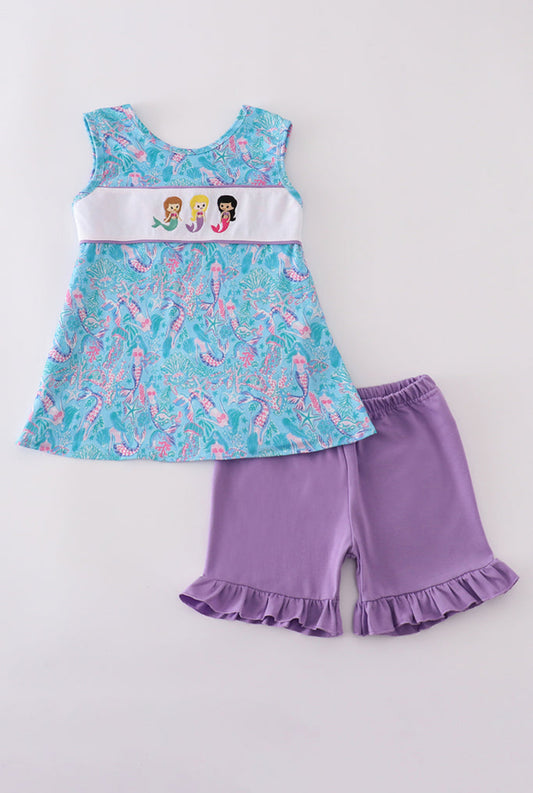 Mermaid Lagoon Embroidery Girl’s Short Set