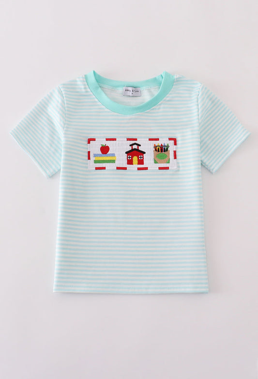 Apple Pencil Embroidery Smocked Stripe Boy’s Top